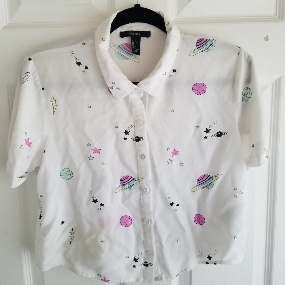 space themed cropped button up